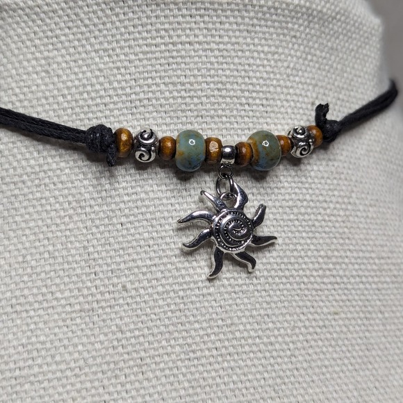 Blue Silver Spiral Swirl And Sun Ceramic Beaded Cord Choker Stacking Necklace - Picture 2 of 3